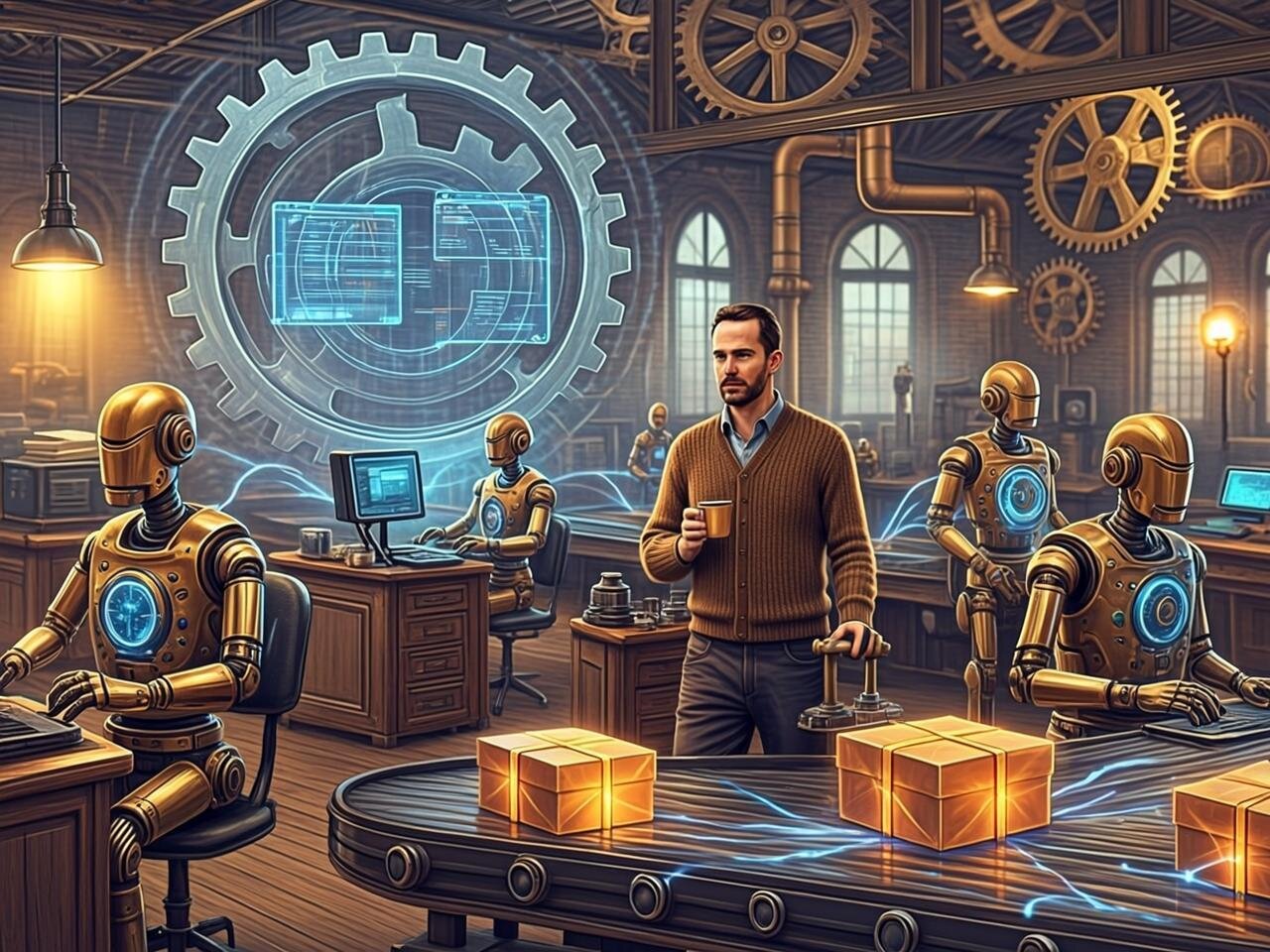 A surreal, warm-toned illustration of a vast Victorian-era printing factory reimagined with modern technology: brass robots with glowing orange innards typing at antique desks, conveyor belts carrying glowing articles wrapped like parcels, and enormous translucent gears made of interlinked web pages turning overhead. Streams of light connect the articles like a spider's web, whilst a single human figure in a cardigan calmly adjusts a lever, coffee cup in hand.